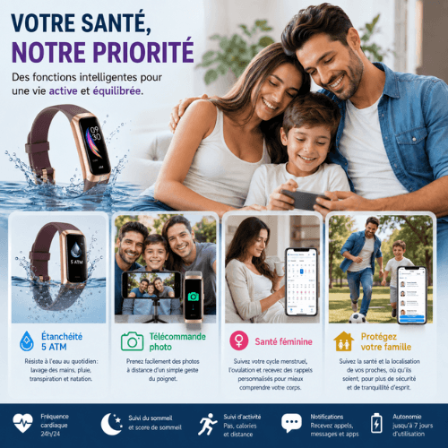 VANOVAA Bracelet Connecté Fitness – Écran AMOLED 1,1" Cardio 24/7, SpO2, Sommeil & 25 Sports