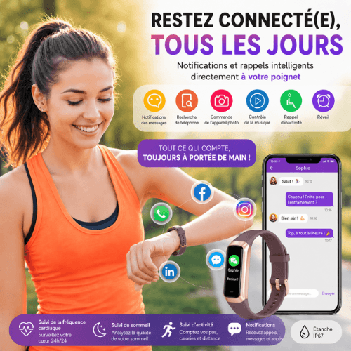 VANOVAA Bracelet Connecté Fitness – Écran AMOLED 1,1" Cardio 24/7, SpO2, Sommeil & 25 Sports