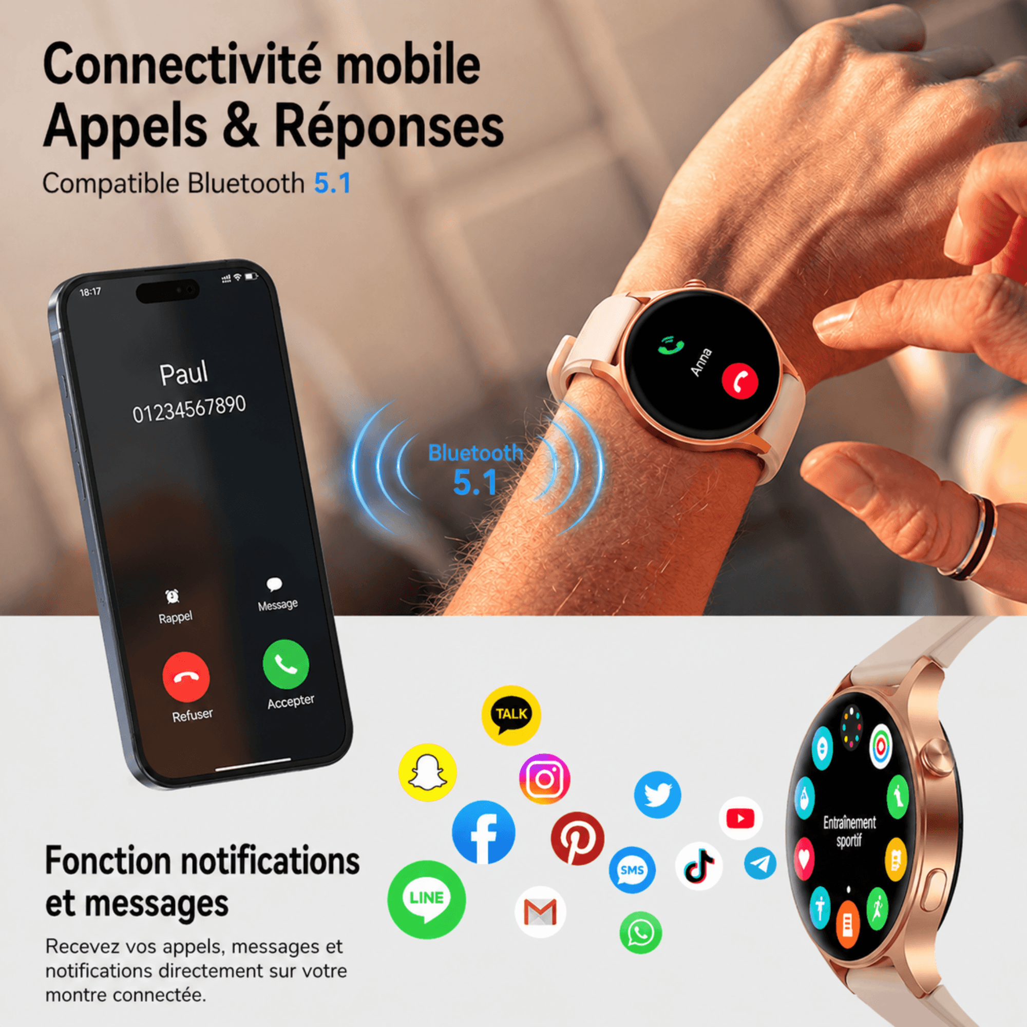 Appels Bluetooth smartwatch femme VANOVAA