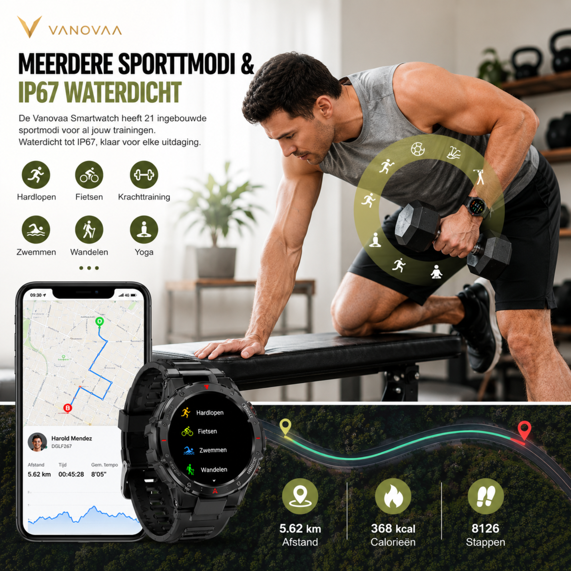 Vanovaa Smartwatch Heren & Dames – Bluetooth Bellen, 1.39" IPS HD, IP67 – Hartslagmeter & 100+ Sportmodi – Incl. Extra Band
