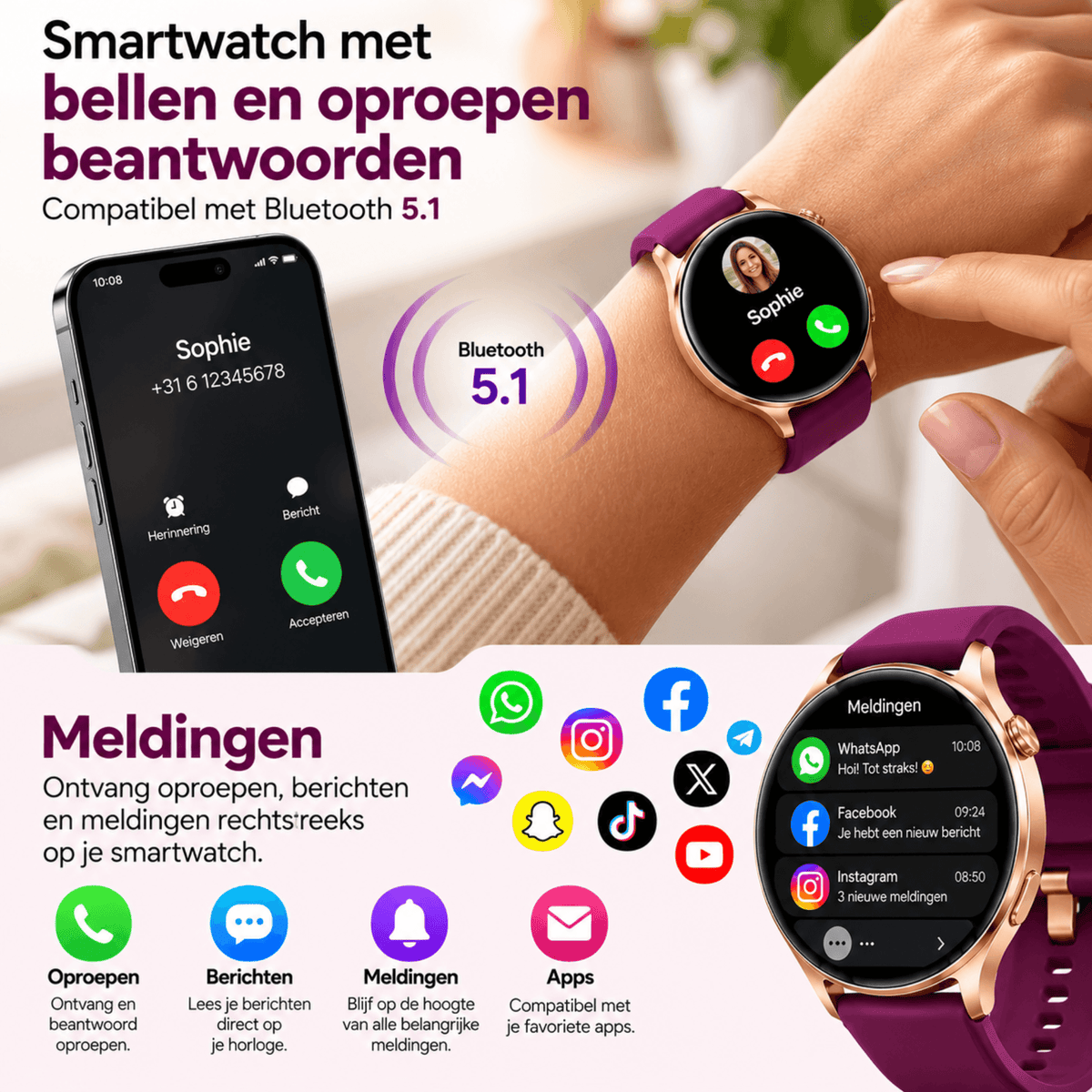 Smartwatch Dames - Bluetooth Bellen - 1.43'' AMOLED Ultra Clear Display - Ultradun Design - Hartslag, Slaap & SpO2 Monitor - Geschikt voor iPhone, Samsung & Android - 100+ Sportmodi - IP65 Spatwaterdicht - 3 Bandjes