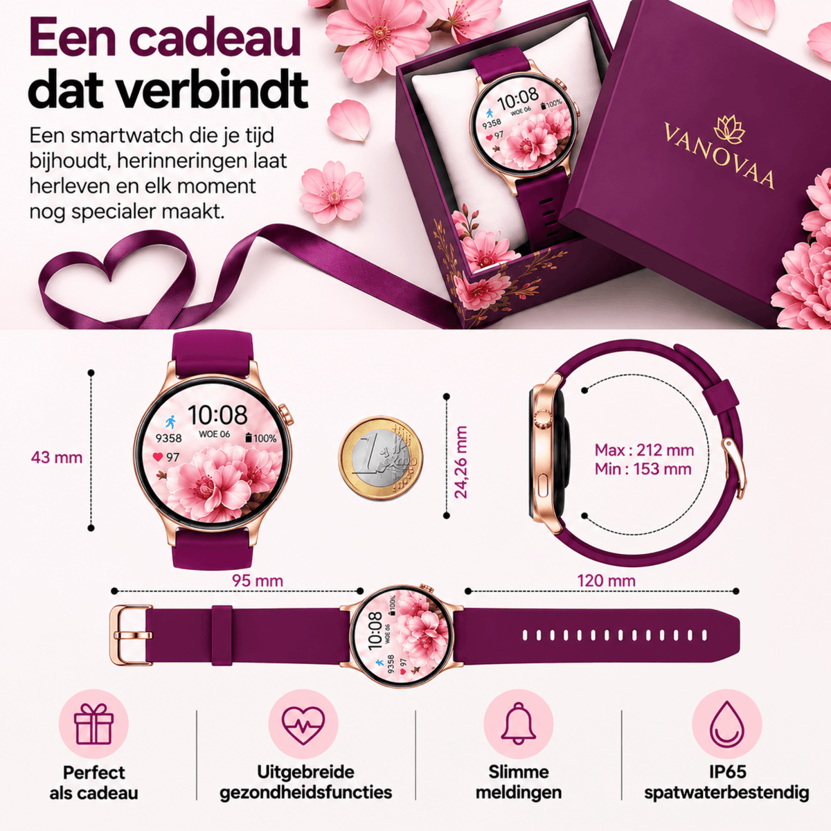 Smartwatch Dames - Bluetooth Bellen - 1.43'' AMOLED Ultra Clear Display - Ultradun Design - Hartslag, Slaap & SpO2 Monitor - Geschikt voor iPhone, Samsung & Android - 100+ Sportmodi - IP65 Spatwaterdicht - 3 Bandjes