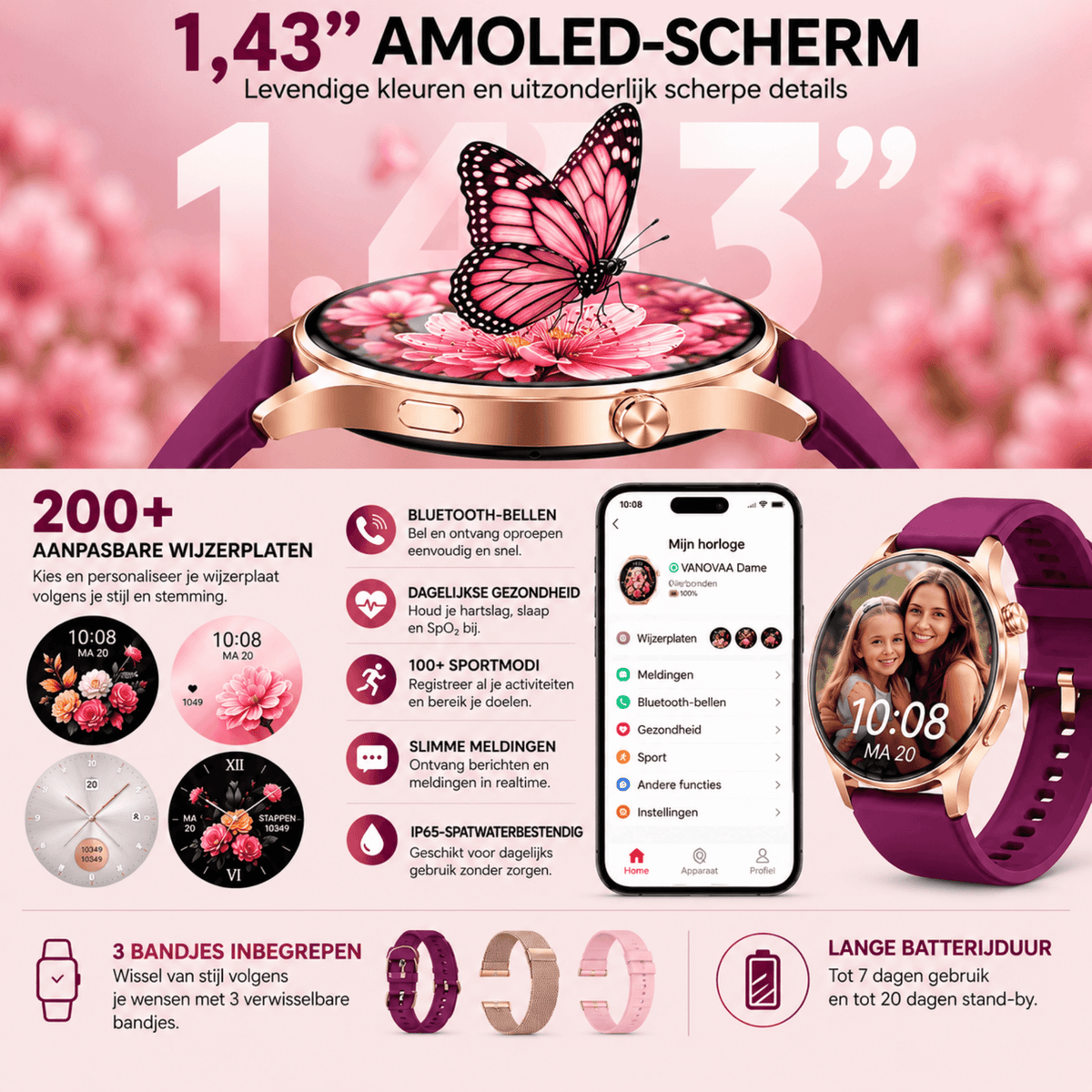 Smartwatch Dames - Bluetooth Bellen - 1.43'' AMOLED Ultra Clear Display - Ultradun Design - Hartslag, Slaap & SpO2 Monitor - Geschikt voor iPhone, Samsung & Android - 100+ Sportmodi - IP65 Spatwaterdicht - 3 Bandjes