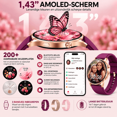 Smartwatch Dames - Bluetooth Bellen - 1.43'' AMOLED Ultra Clear Display - Ultradun Design - Hartslag, Slaap & SpO2 Monitor - Geschikt voor iPhone, Samsung & Android - 100+ Sportmodi - IP65 Spatwaterdicht - 3 Bandjes