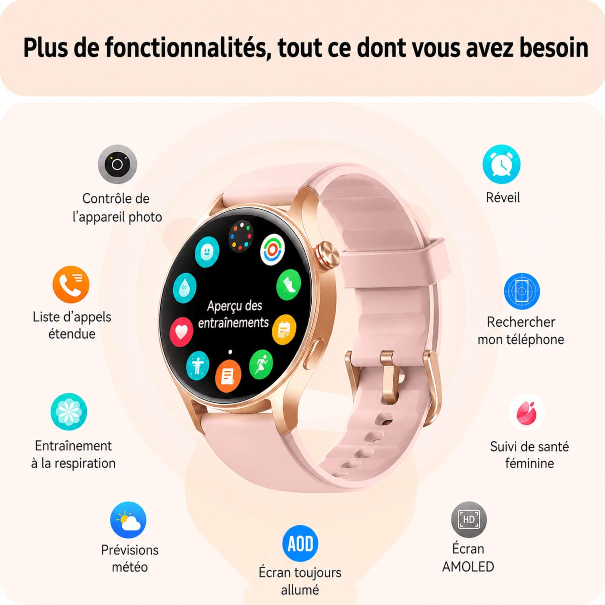 VANOVAA Smartwatch Femme – Montre Connectée AMOLED Appels Bluetooth & Suivi Santé